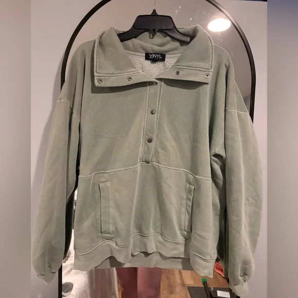 Women’s Sage Green Vinyl Icons Medium Quarter Zip Button Up Shacket Sweatshirt - Picture 4 of 4